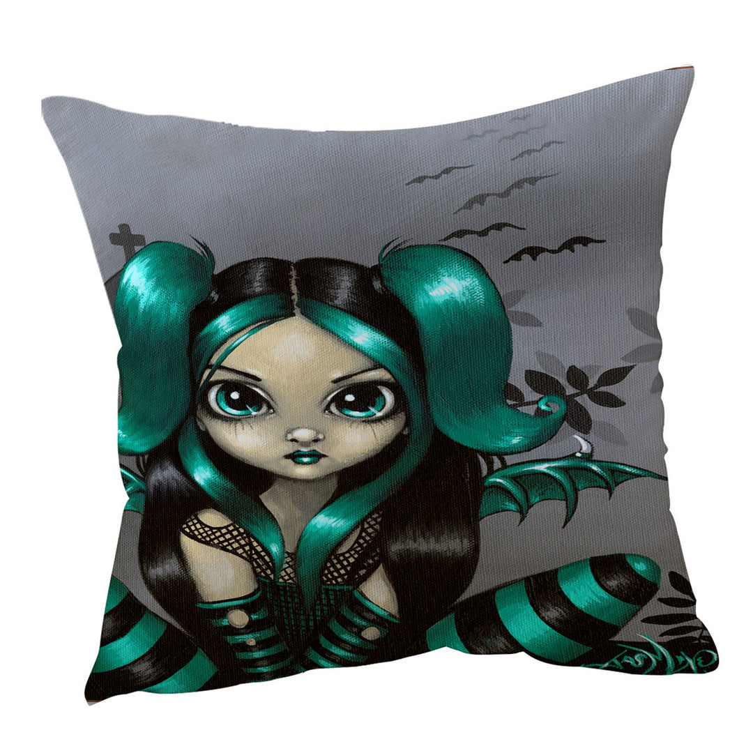 Gothling Decorative Pillows Green Haired Goth Fairy Cemetery and Bats