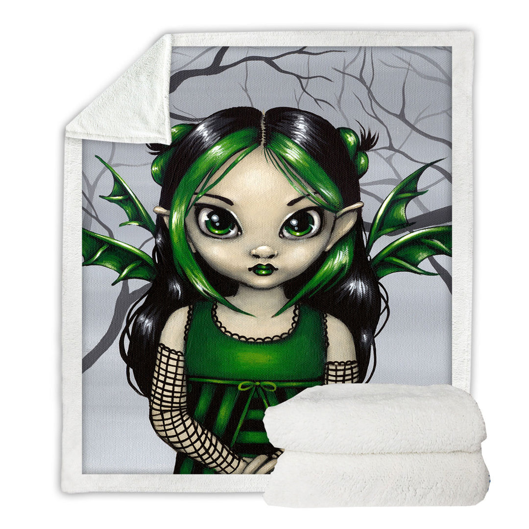 Gothling Fleece Blankets Cute Green Goth Fairy in Misty Forest