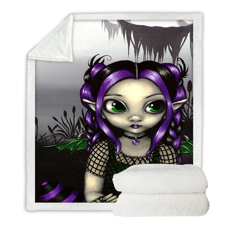 Gothling Fleece Blankets Cute Purple Goth Elf Girl in Eerie Swamp