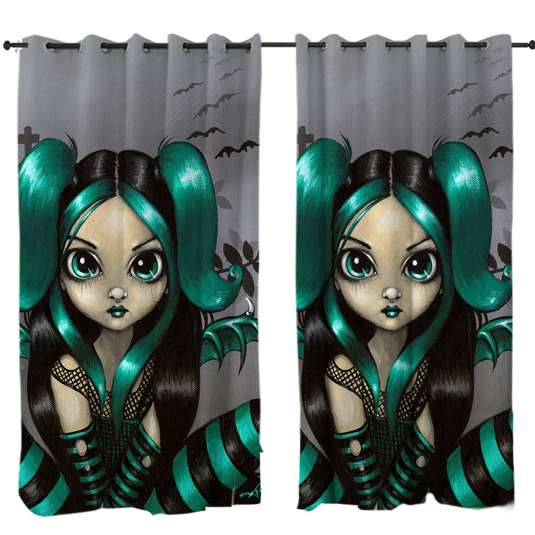 Gothling Green Haired Goth Fairy Cemetery and Bats Curtain