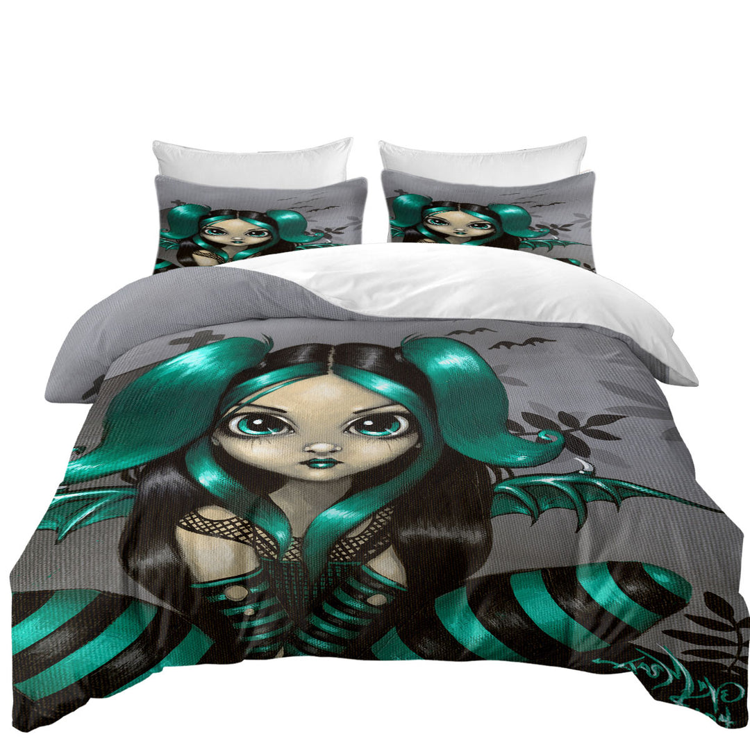 Gothling Green Haired Goth Fairy Cemetery and Bats Oversized King Duvet Cover