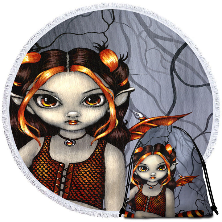 Gothling Halloween Round Beach Towel Goth Elf Girl in Eerie Forest