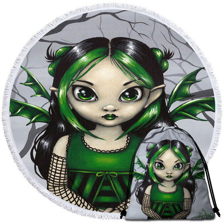 Gothling Lightweight Beach Towel Cute Green Goth Fairy in Misty Forest