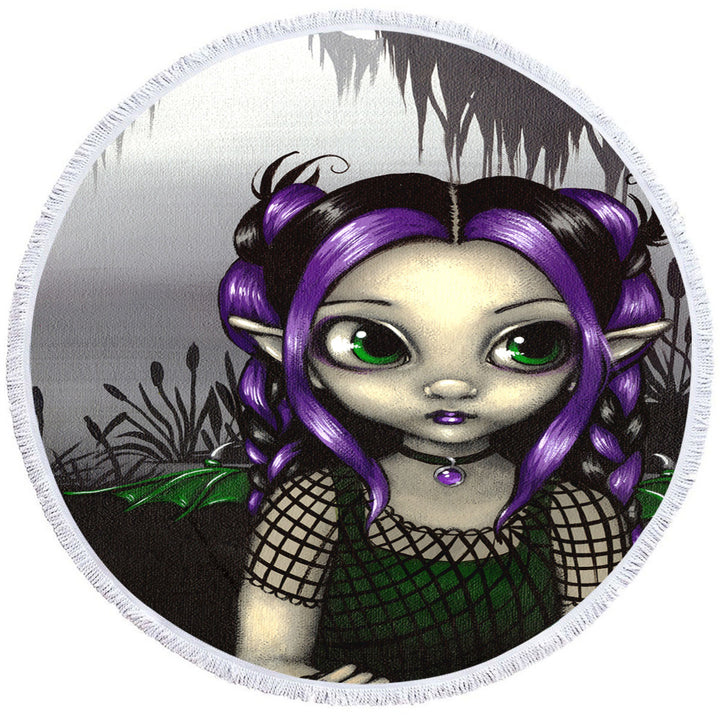 Gothling Lightweight Beach Towel Cute Purple Goth Elf Girl in Eerie Swamp