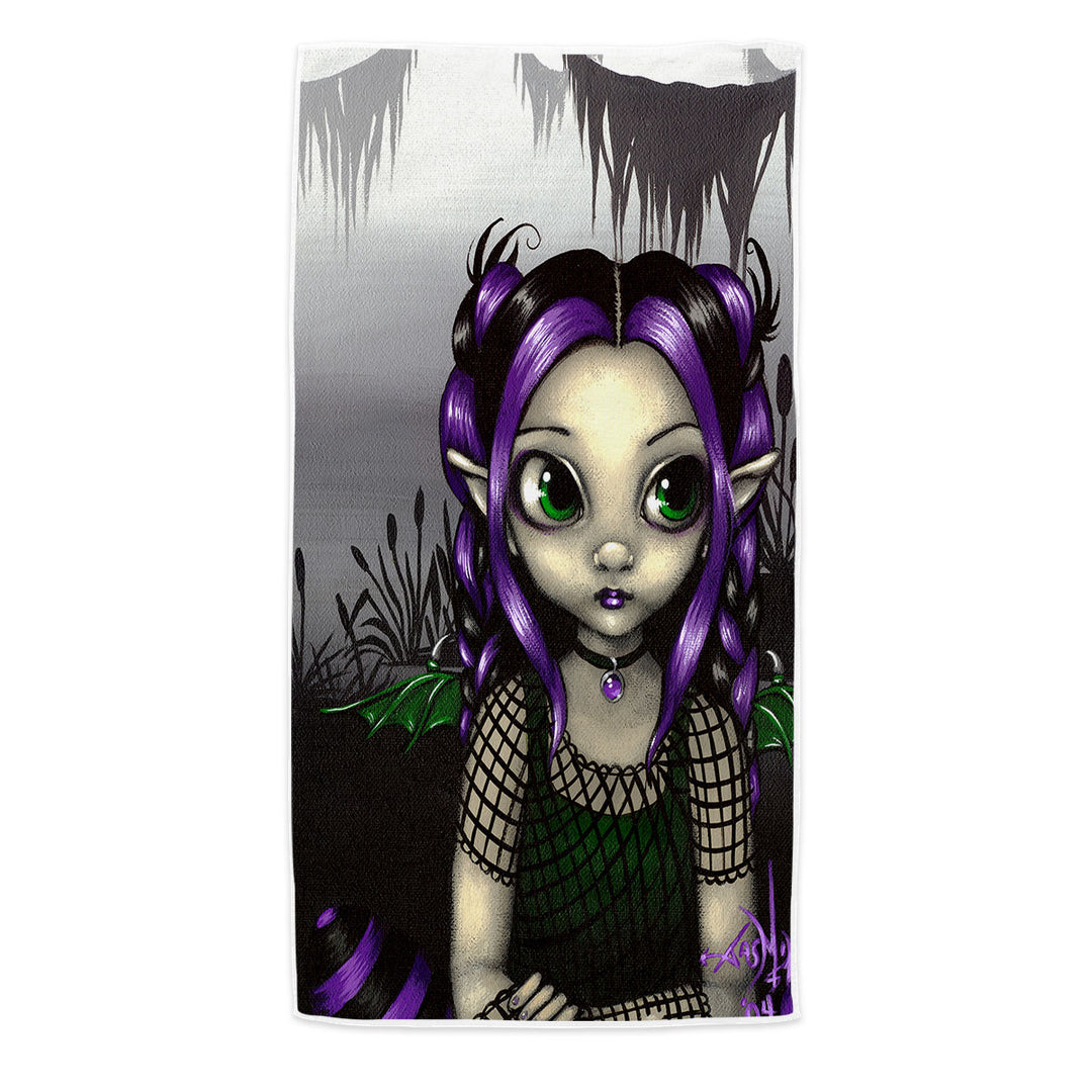 Gothling Microfibre Beach Towels Cute Purple Goth Elf Girl in Eerie Swamp