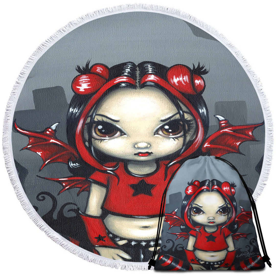 Gothling Punk Red Black Goth Fairy in a Cemetery Round Beach Towel