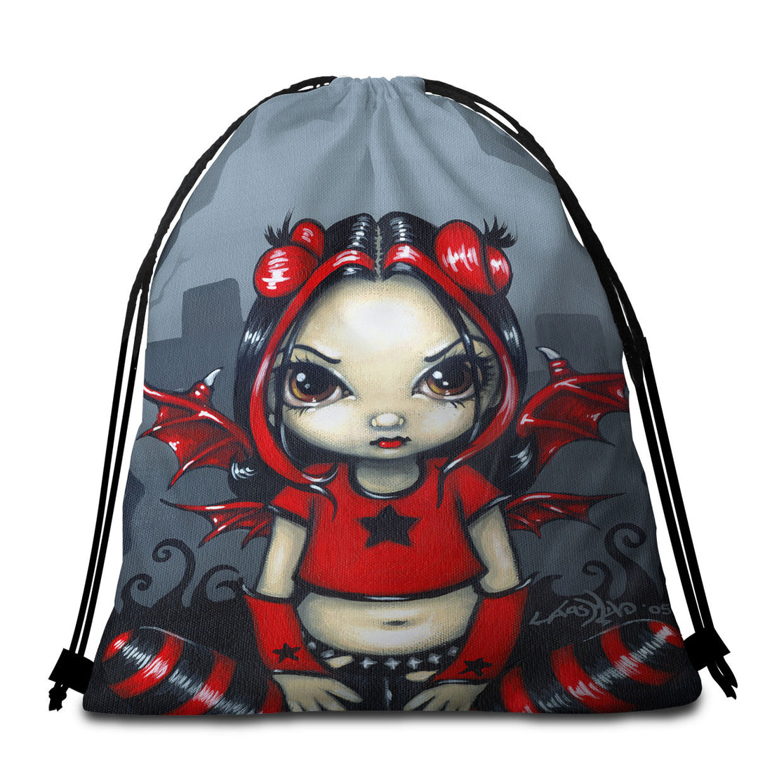 Gothling Punk Red Black Goth Fairy in a Cemetery Travel Beach Towel