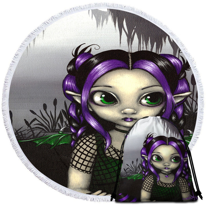 Gothling Round Beach Towel Cute Purple Goth Elf Girl in Eerie Swamp