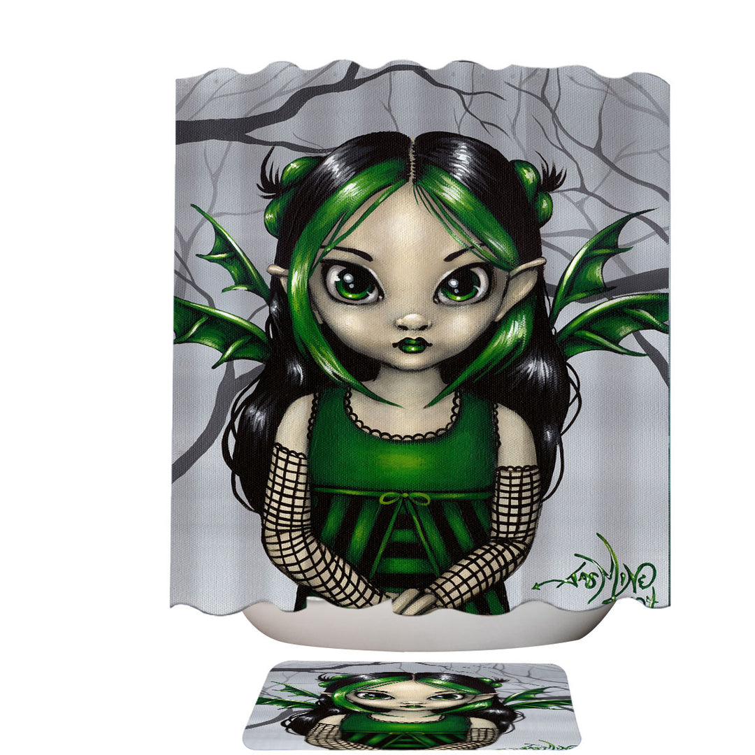 Gothling Shower Curtains Cute Green Goth Fairy in Misty Forest