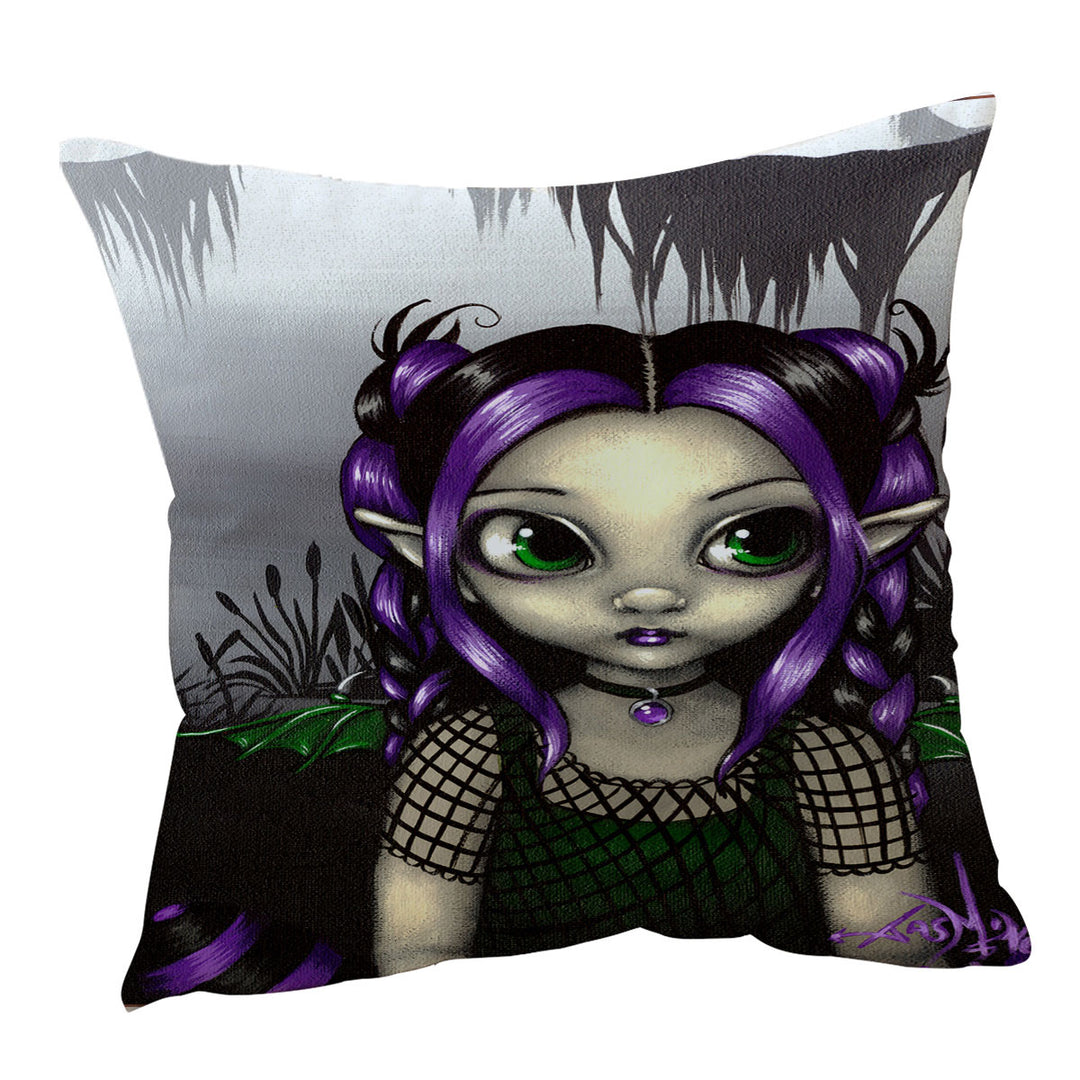 Gothling Sofa Pillows Cute Purple Goth Elf Girl in Eerie Swamp