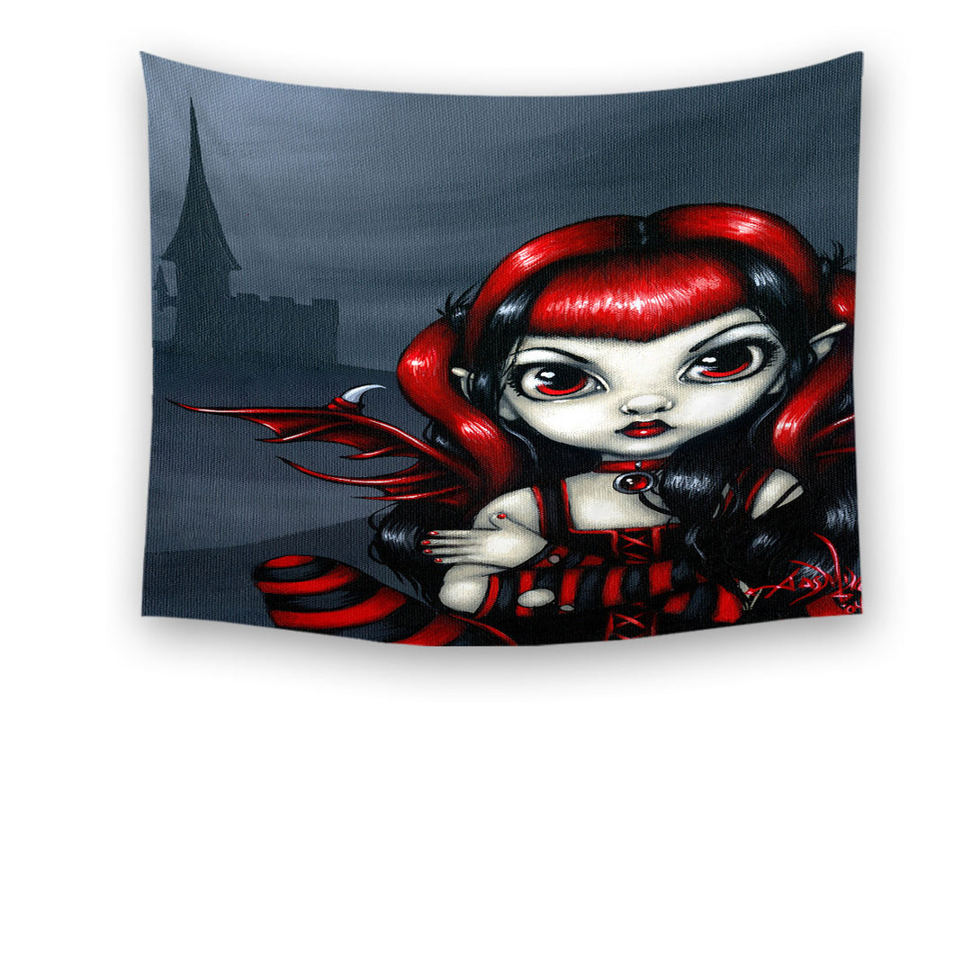 Gothling Tapestry Cute Red Black Goth Fairy and Castle