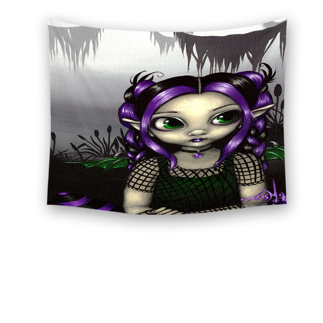 Gothling Tapestry Wall Hanging Cute Purple Goth Elf Girl in Eerie Swamp