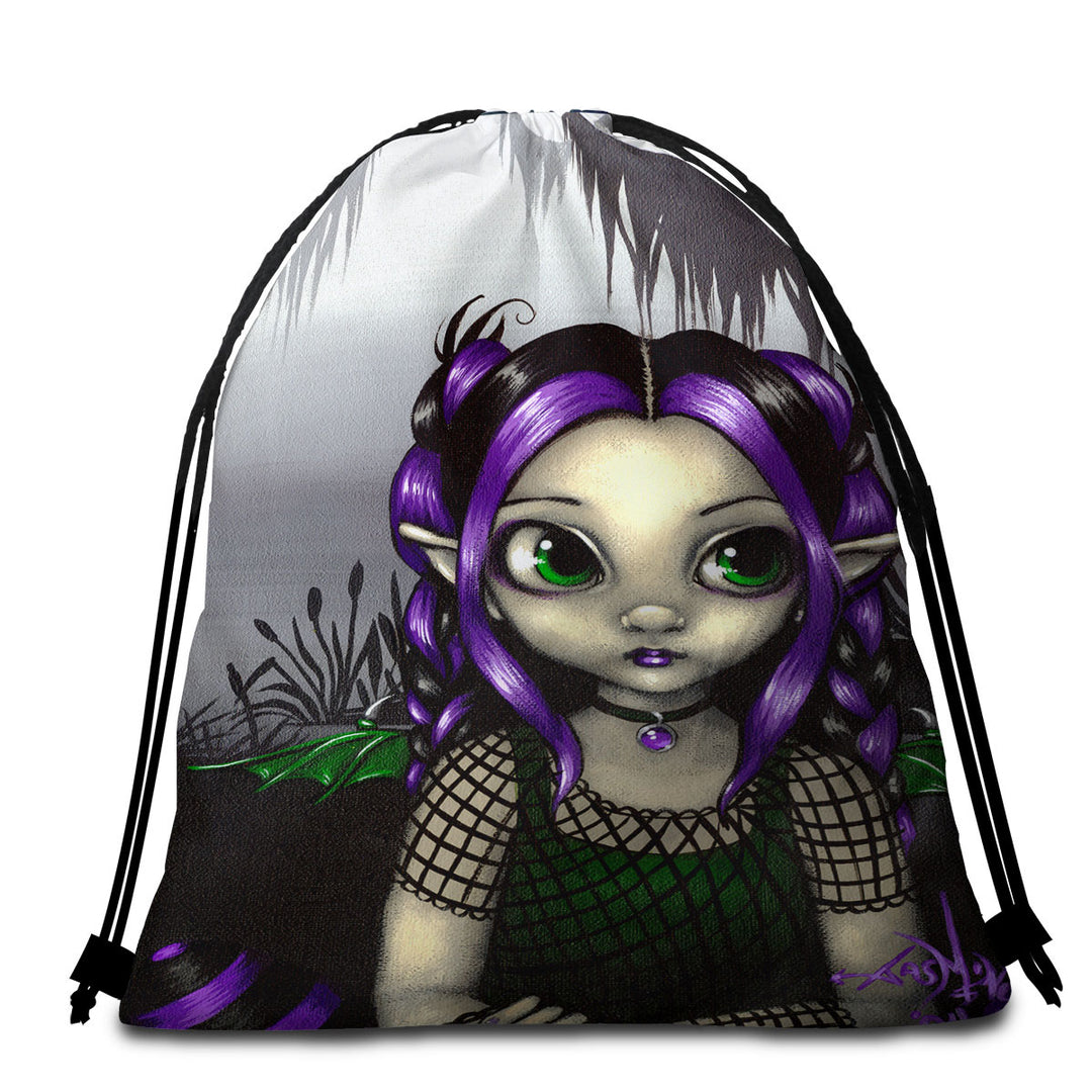 Gothling Travel Beach Towel Cute Purple Goth Elf Girl in Eerie Swamp