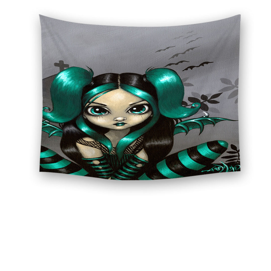 Gothling Wall Decor Tapestry Green Haired Goth Fairy Cemetery and Bats