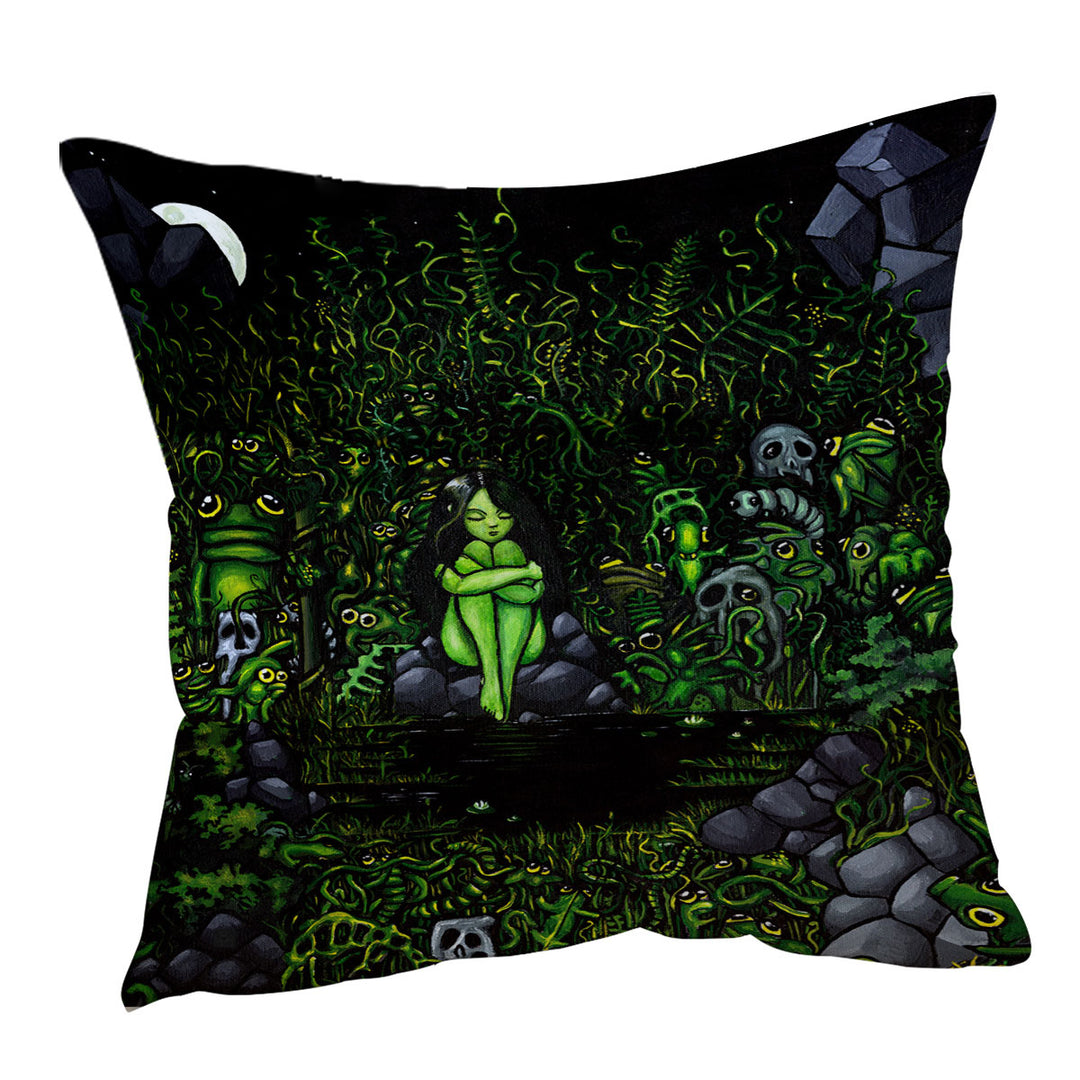 Green Cushion Cover Wood Nymph Girl Surrounded by Odd Creatures