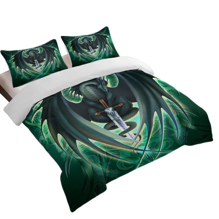 Green Fantasy Weapon Dragon Sword Skull Blade Duvet Cover set