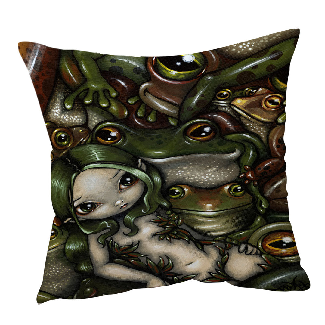 Green Haired Nature Girl Bed of Frogs Cushions