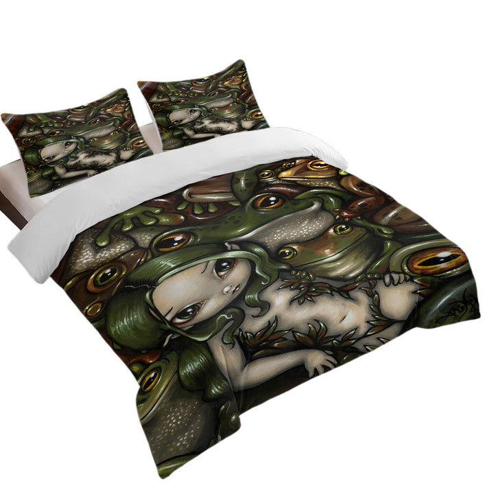 Green Haired Nature Girl Bed of Frogs Duvet Covers