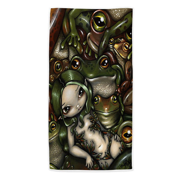 Green Haired Nature Girl Bed of Frogs Microfiber Beach Towel