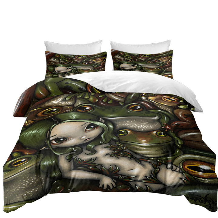 Green Haired Nature Girl Bed of Frogs Oversized King Duvet Cover