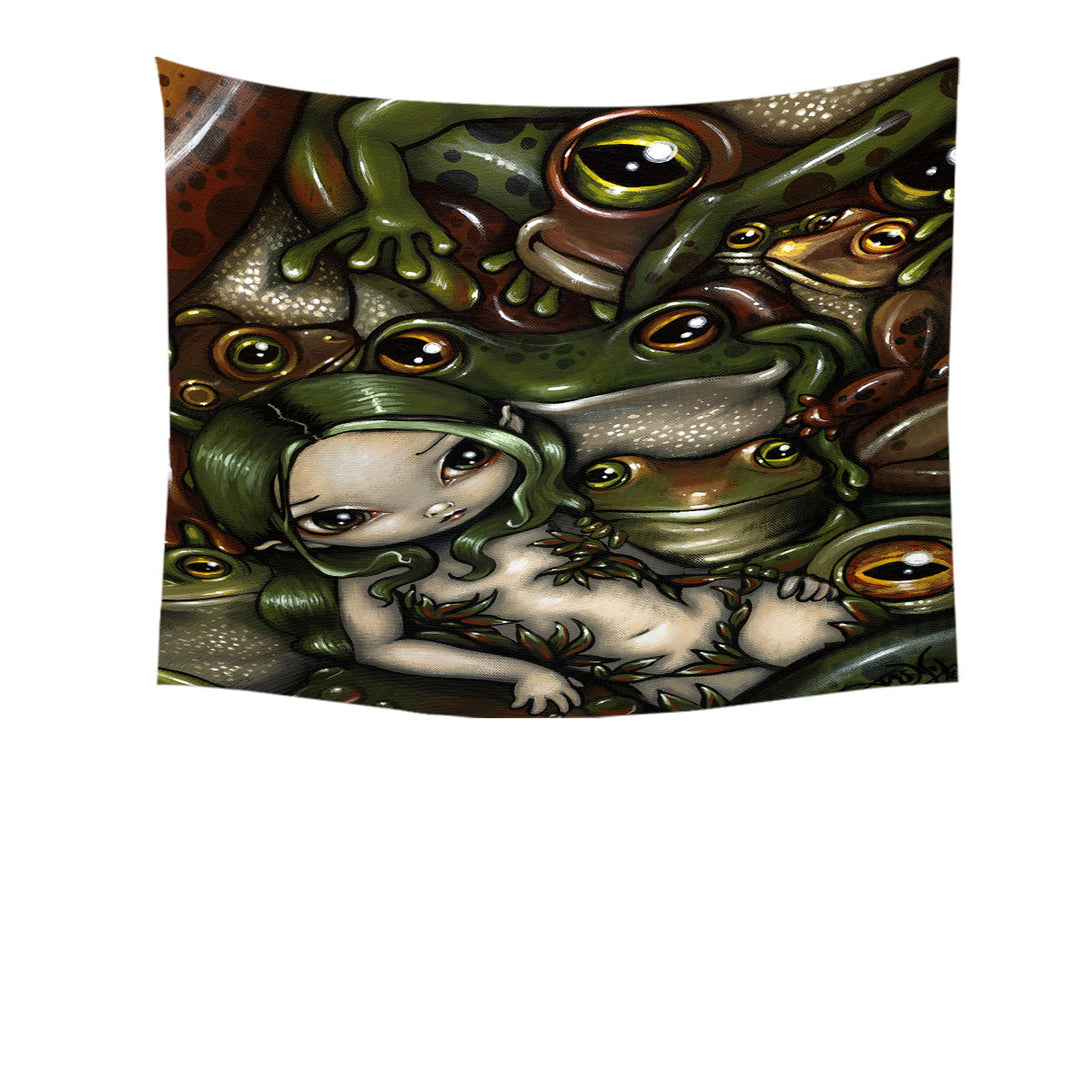 Green Haired Nature Girl Bed of Frogs Tapestry