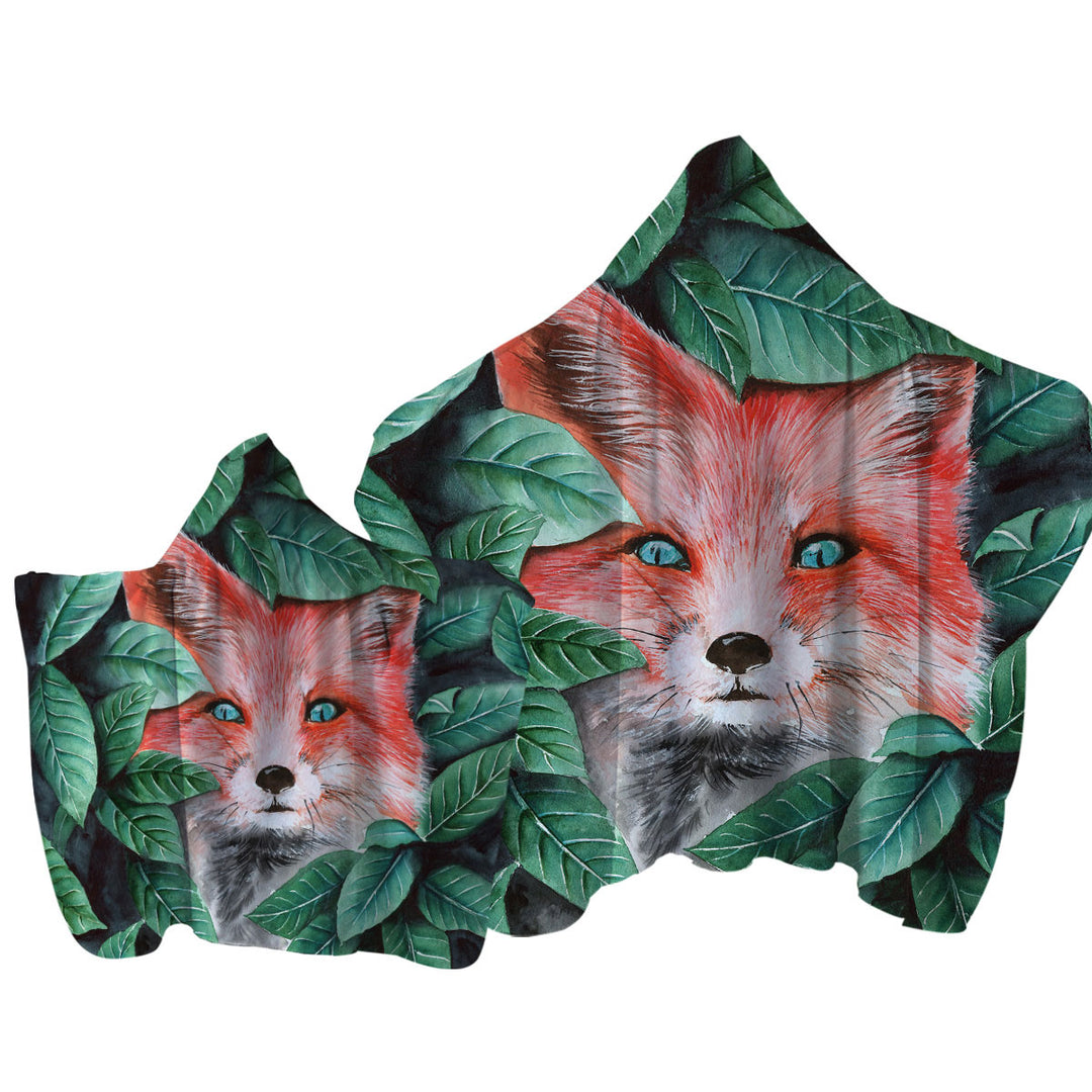 Green Leaves and Cute Hidden Fox Hooded Beach Towel