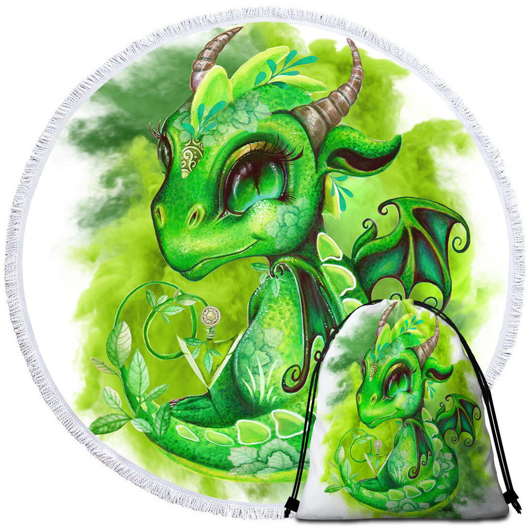 Green Round Beach Towel Leaves Earth Lil Dragon