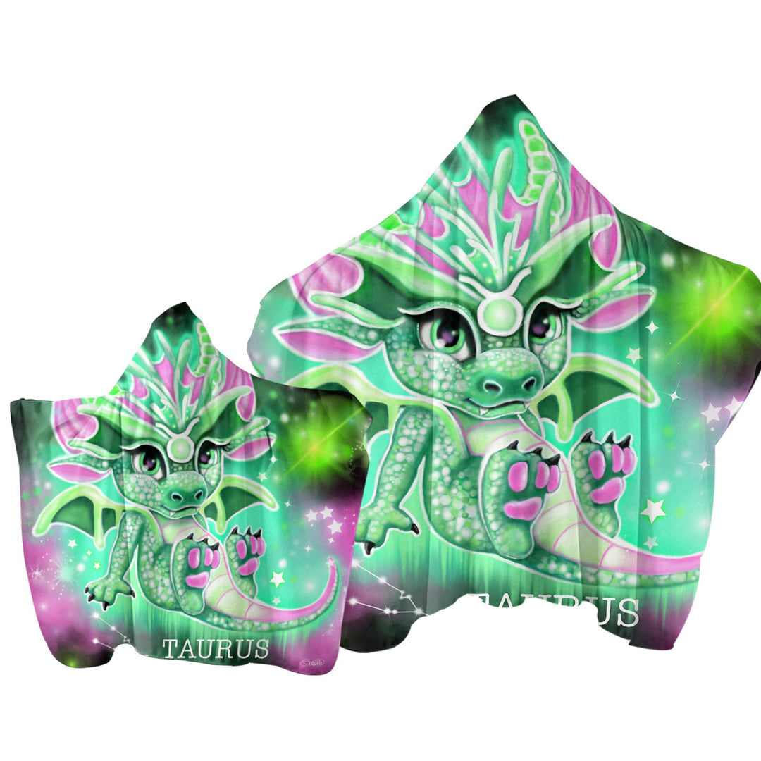 Green Sparkling Taurus Lil Dragon Hooded Beach Towel