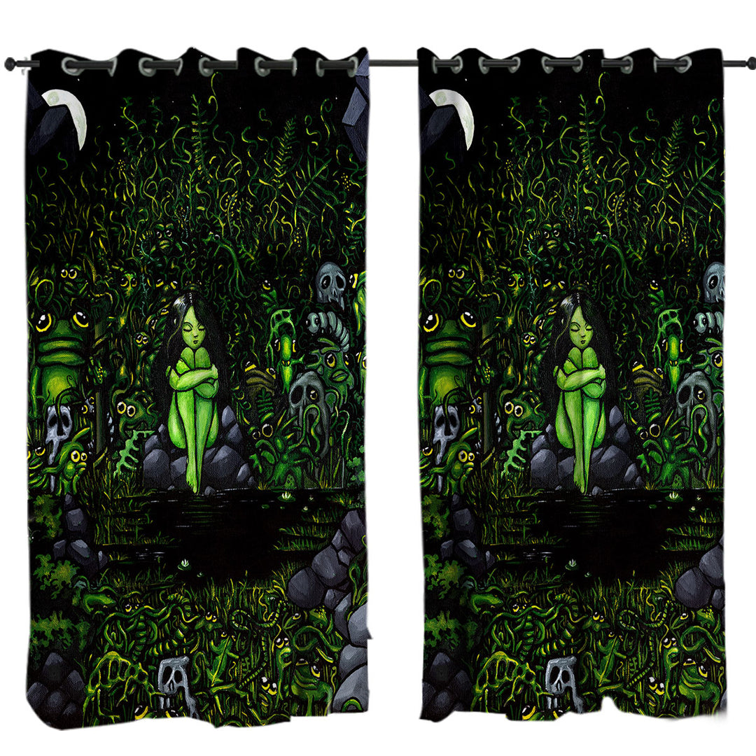 Green Wood Nymph Girl Surrounded by Odd Creatures Drapes for Living Room