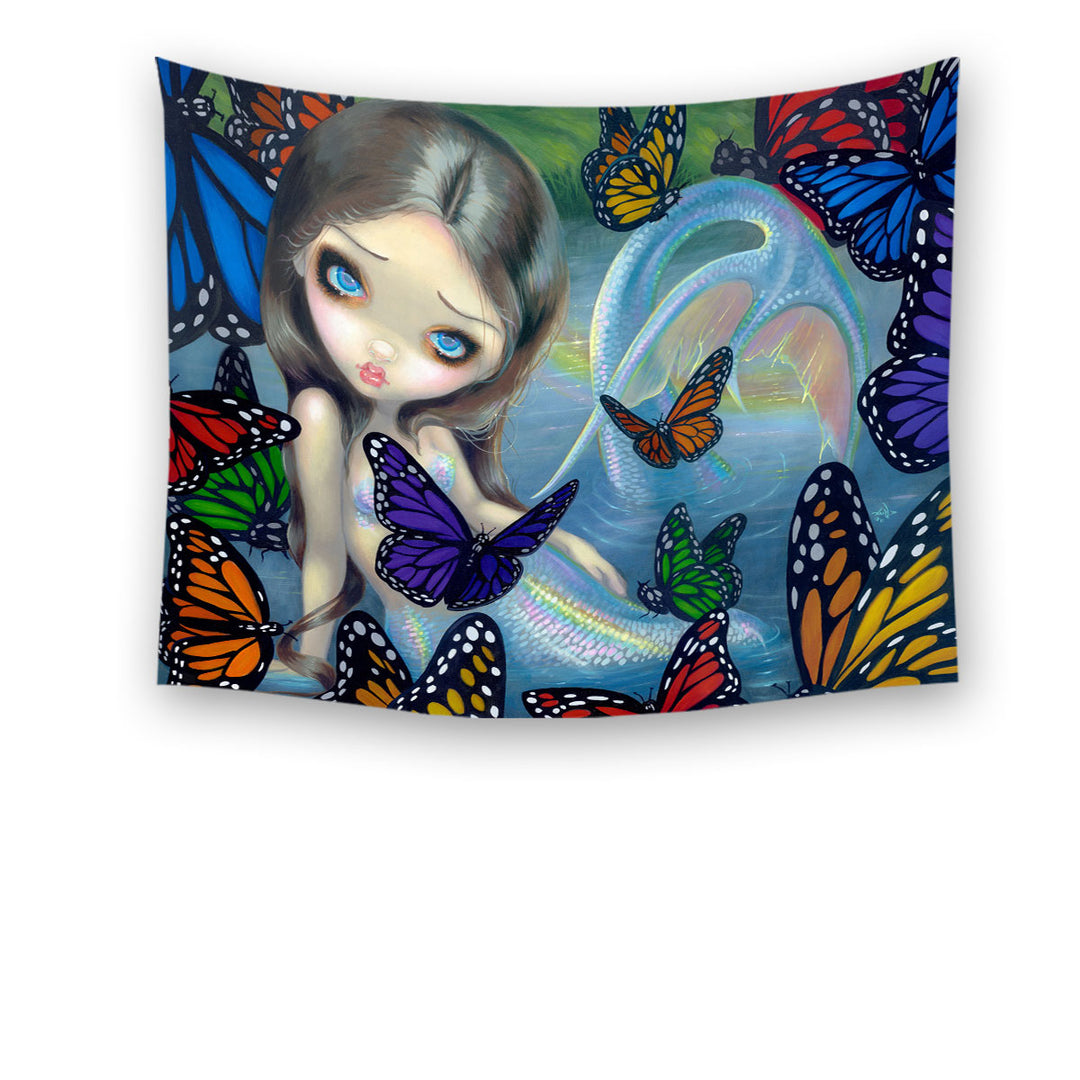 Halcyon Beautiful Mermaid and Butterflies Wall Decor Tapestry Fabric