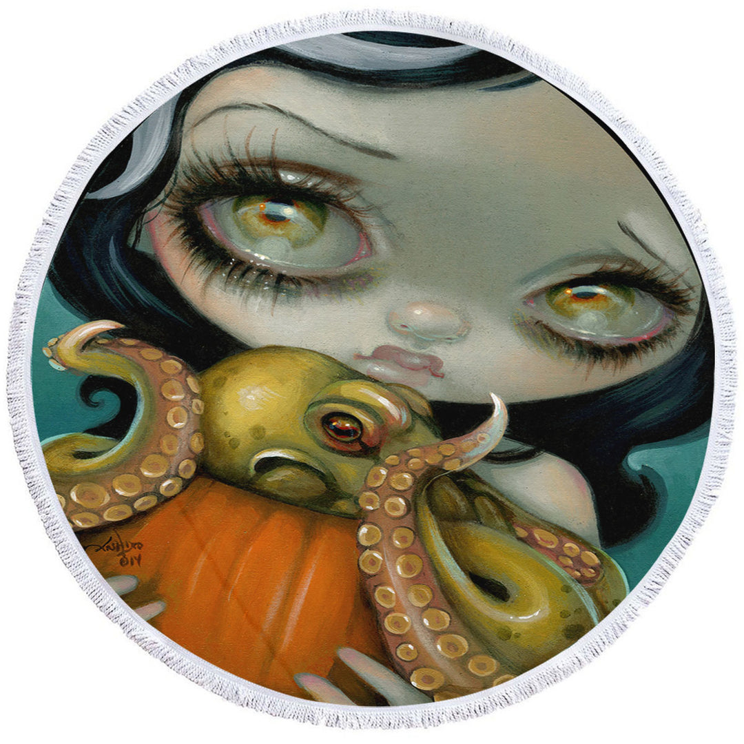 Halloween Beach Towel Gothic Girl Hold Pumpkin with Octopus