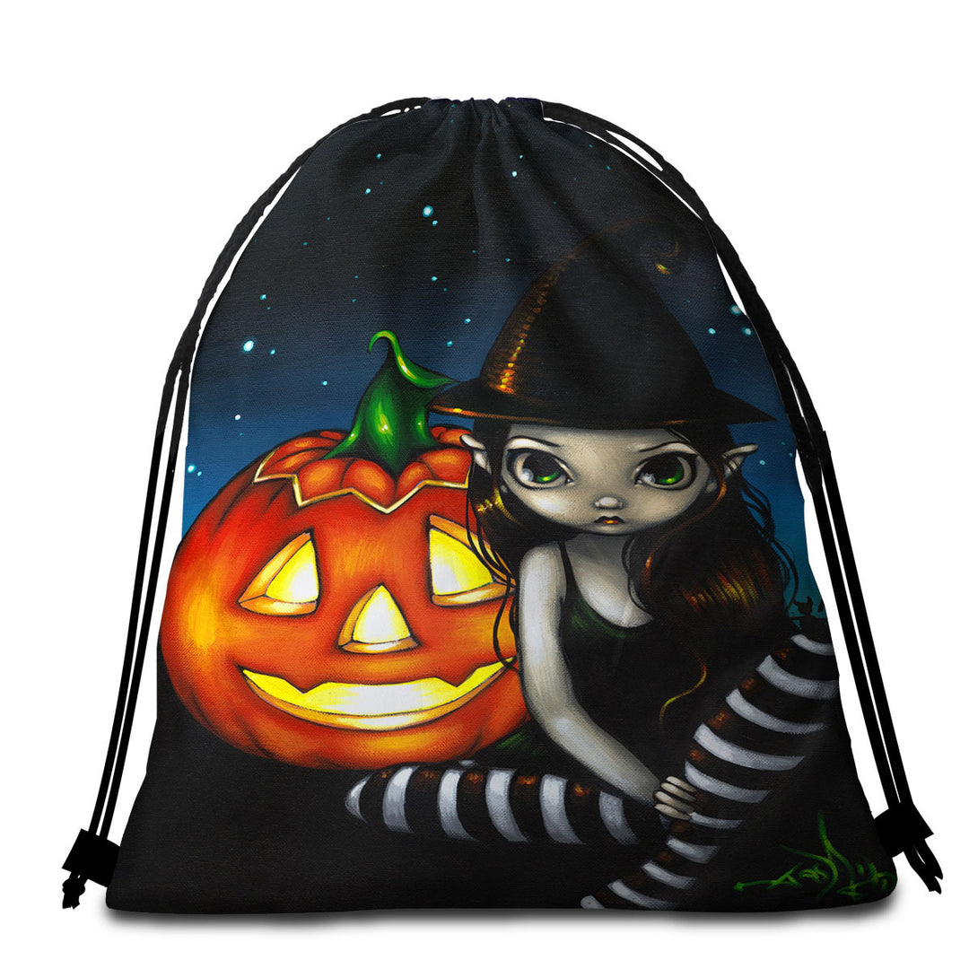 Halloween Beach Towel Pack Night Big Eyed Witch and Pumpkin