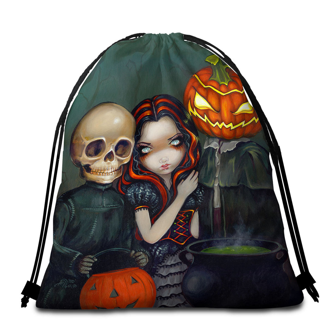 Halloween Beach Towel Pack Out Trick or Treating Witch and Skeleton