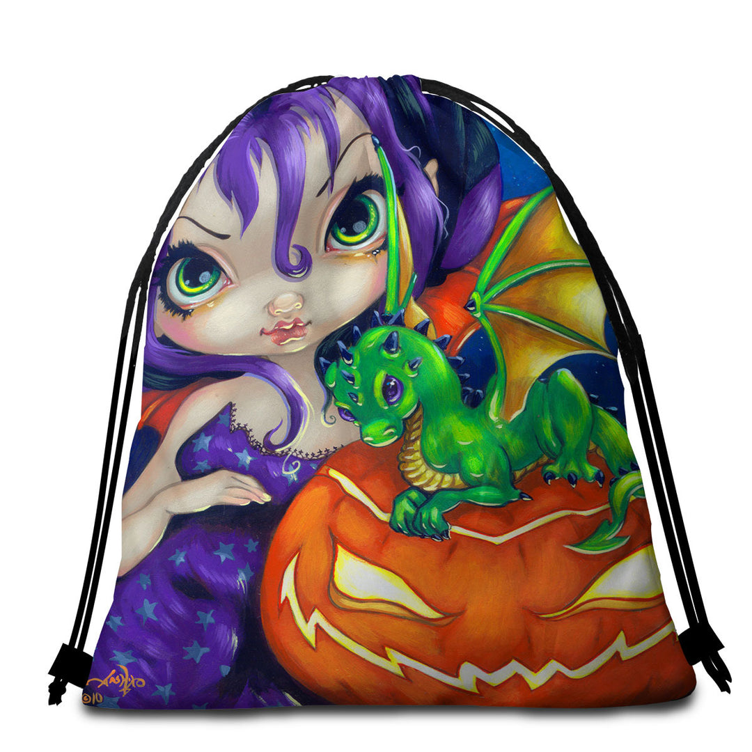 Halloween Beach Towels and Bags Set Darling Dragonling Fairy and Cute Dragon