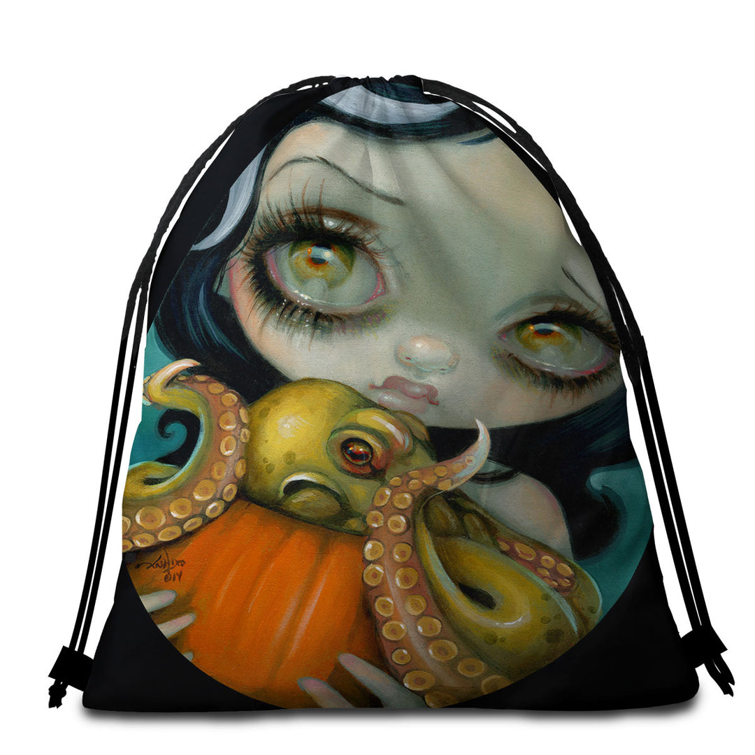 Halloween Beach Towels and Bags Set Gothic Girl Hold Pumpkin with Octopus