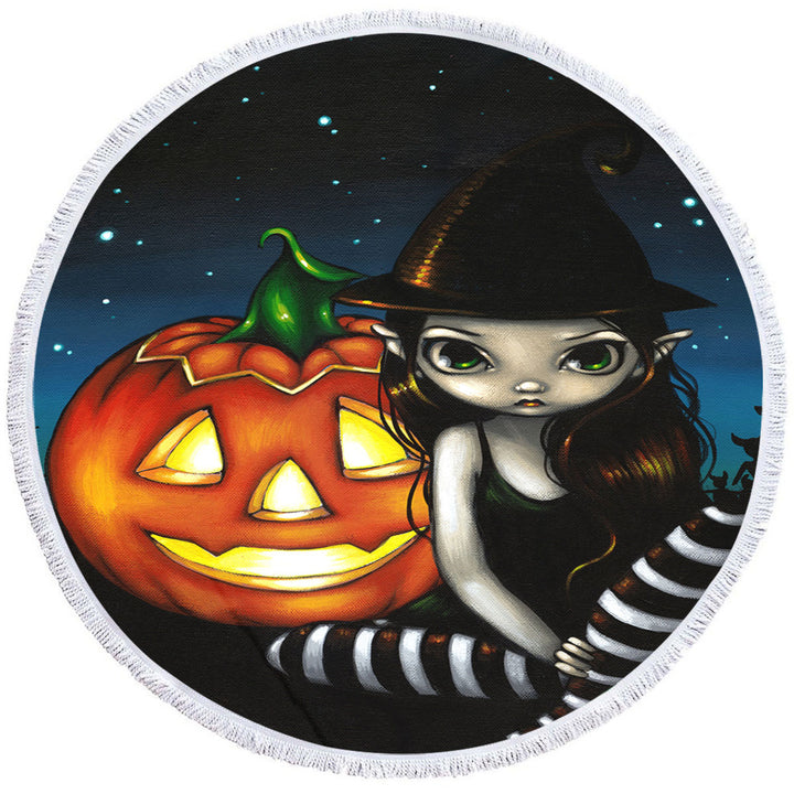 Halloween Cool Beach Towels Night Big Eyed Witch and Pumpkin