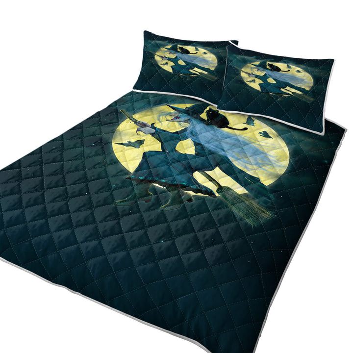 Halloween Cool Moonlight Cat and Witch California King Quilt Sets