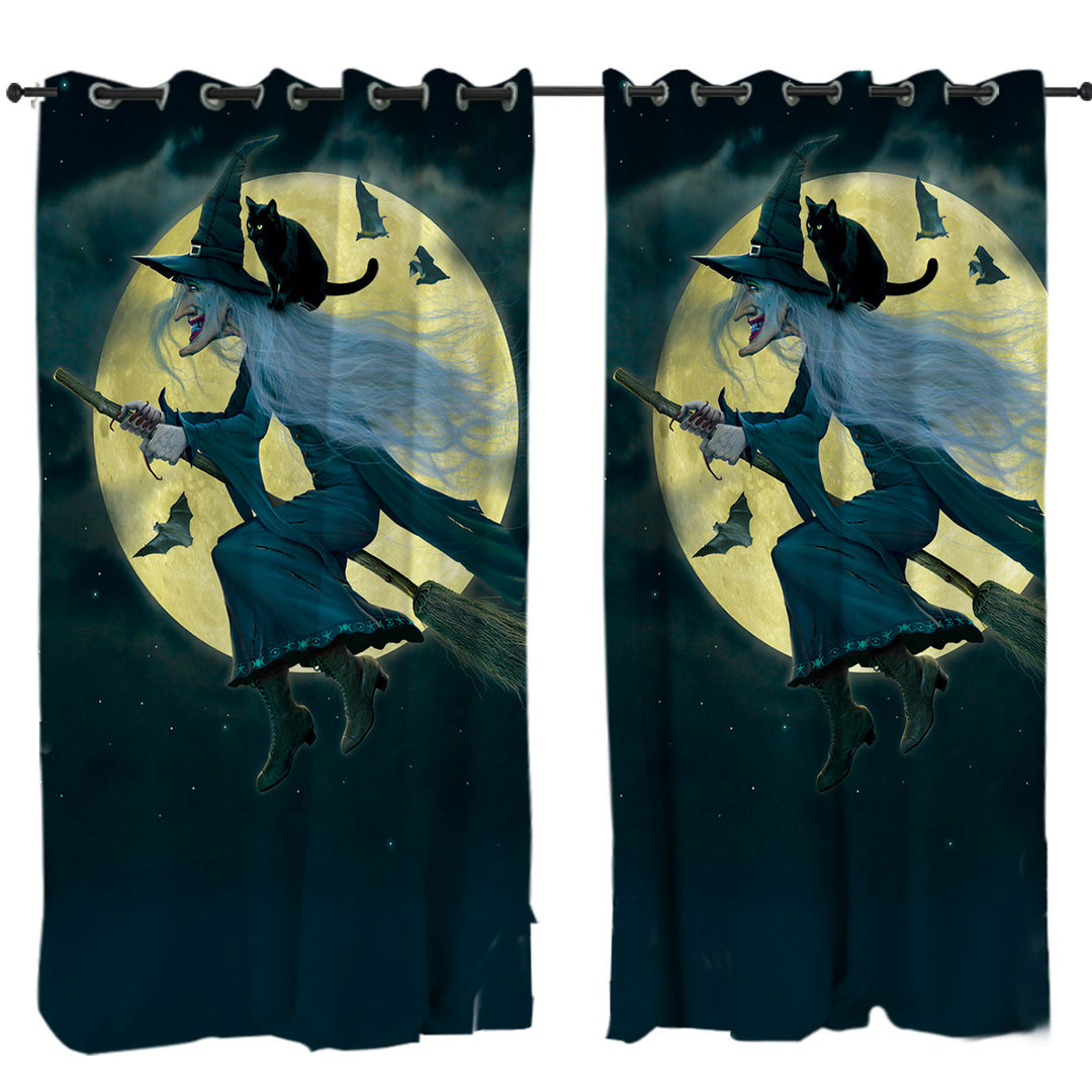 Halloween Cool Moonlight Cat and Witch Curtains for Living Room