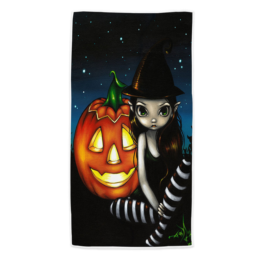 Halloween Cute Beach Towels Night Big Eyed Witch and Pumpkin