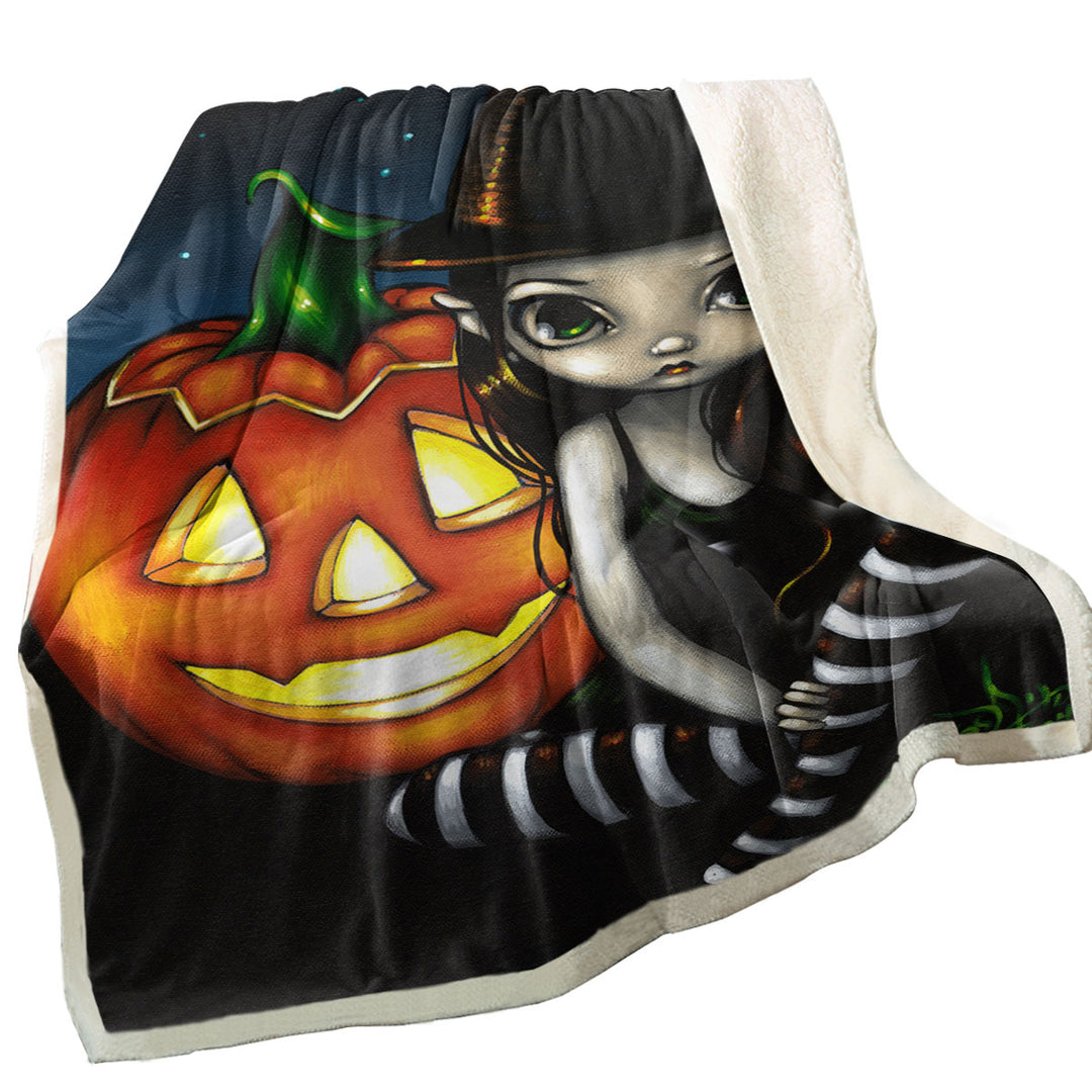 Halloween Decorative Blankets Night Big Eyed Witch and Pumpkin