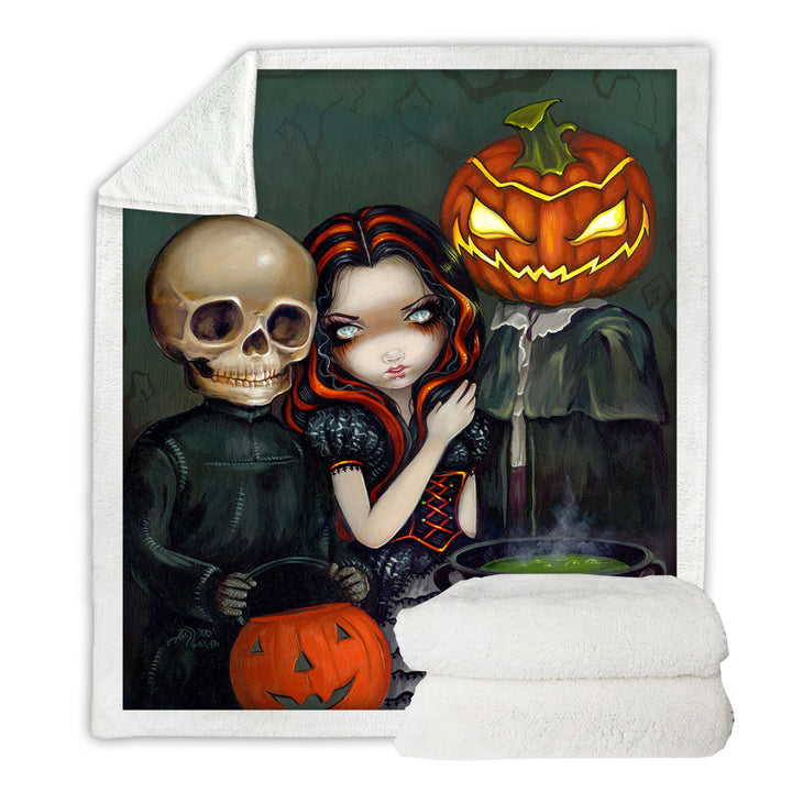 Halloween Decorative Blankets Out Trick or Treating Witch and Skeleton