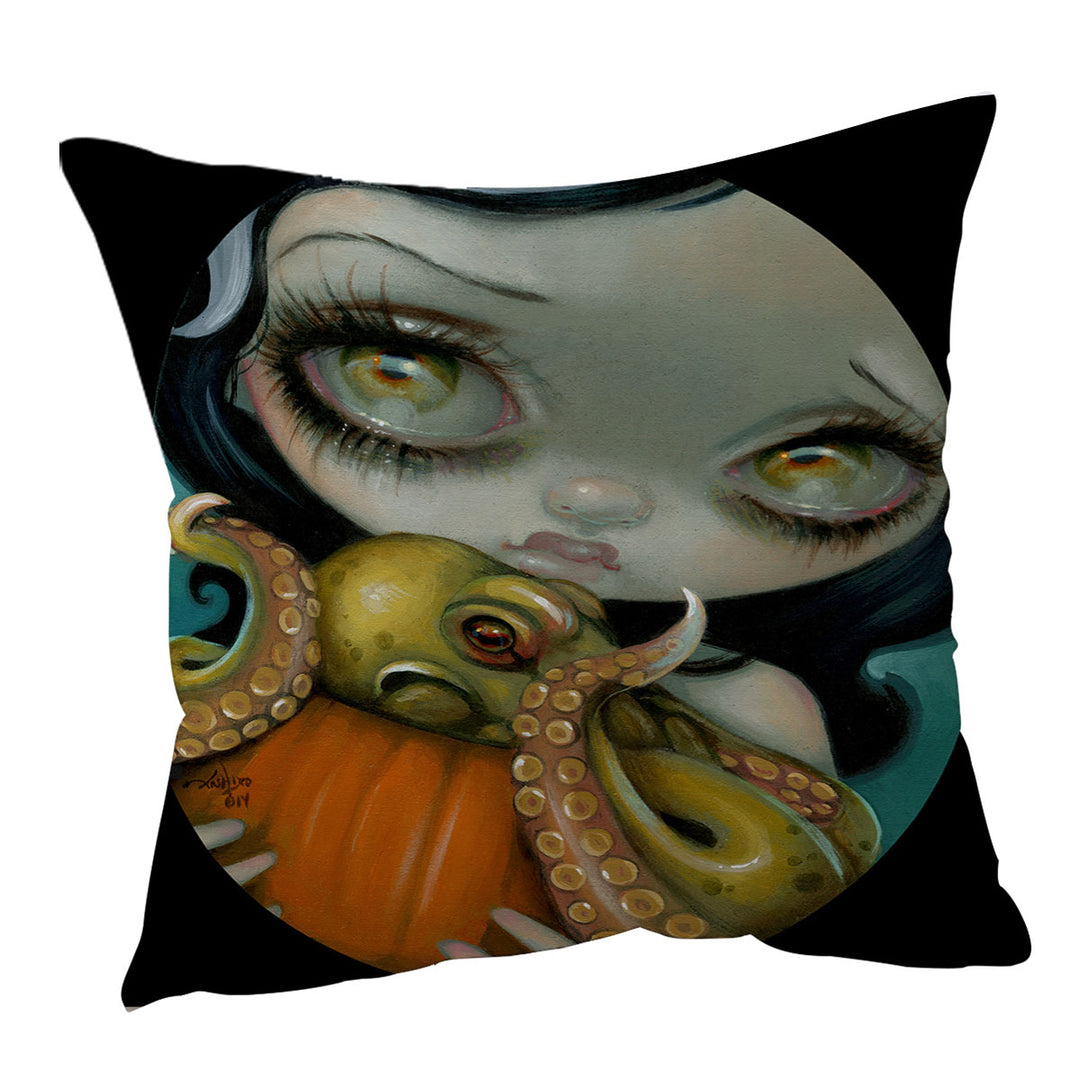 Halloween Decorative Cushions with Gothic Girl Hold Pumpkin with Octopus