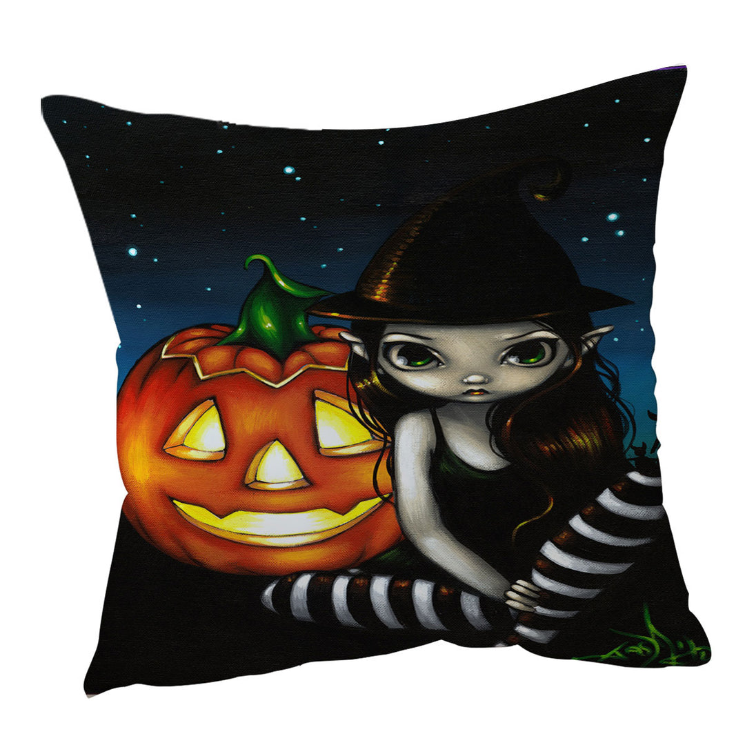 Halloween Decorative Pillows Night Big Eyed Witch and Pumpkin