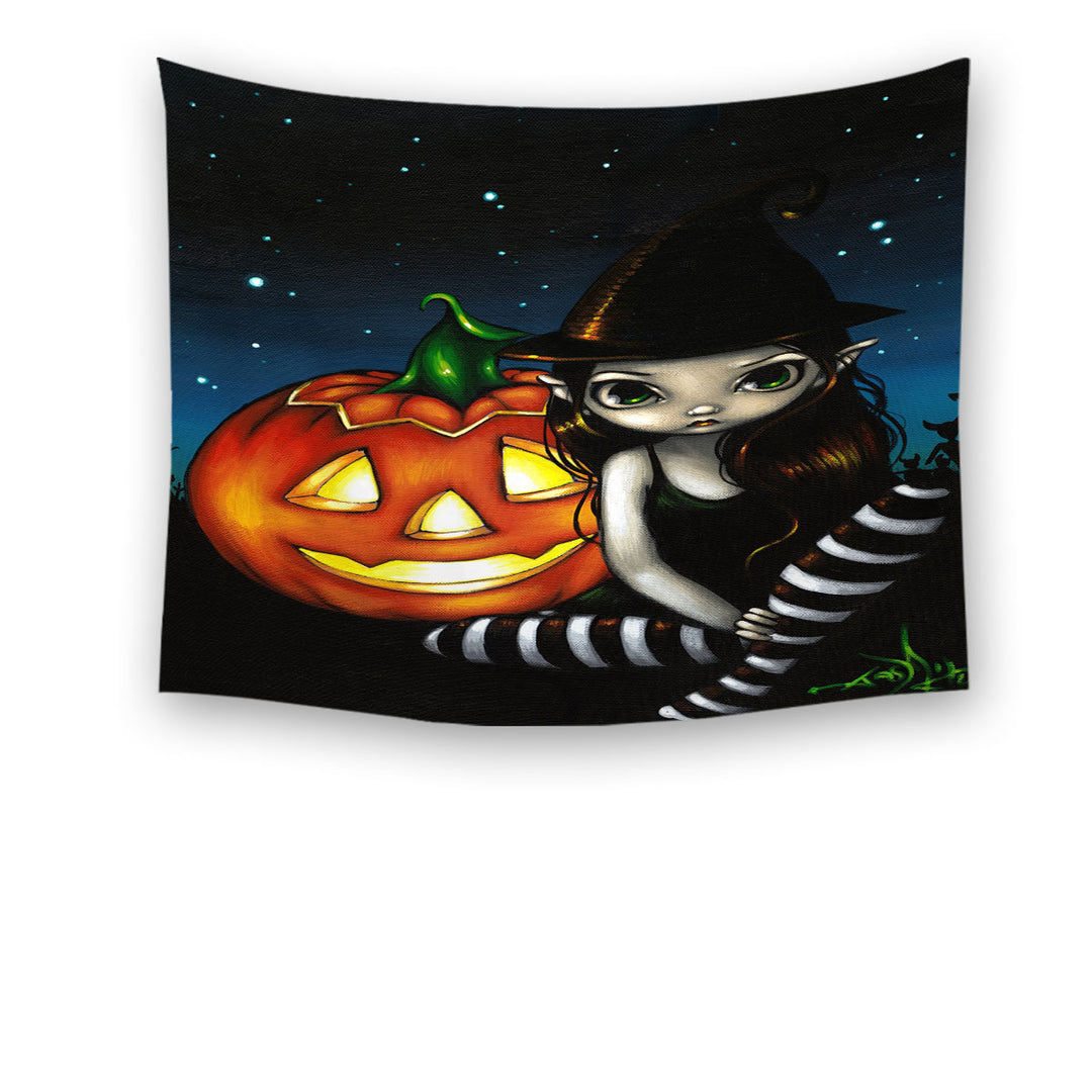 Halloween Decorative Wall Decor Tapestry Night Big Eyed Witch and Pumpkin