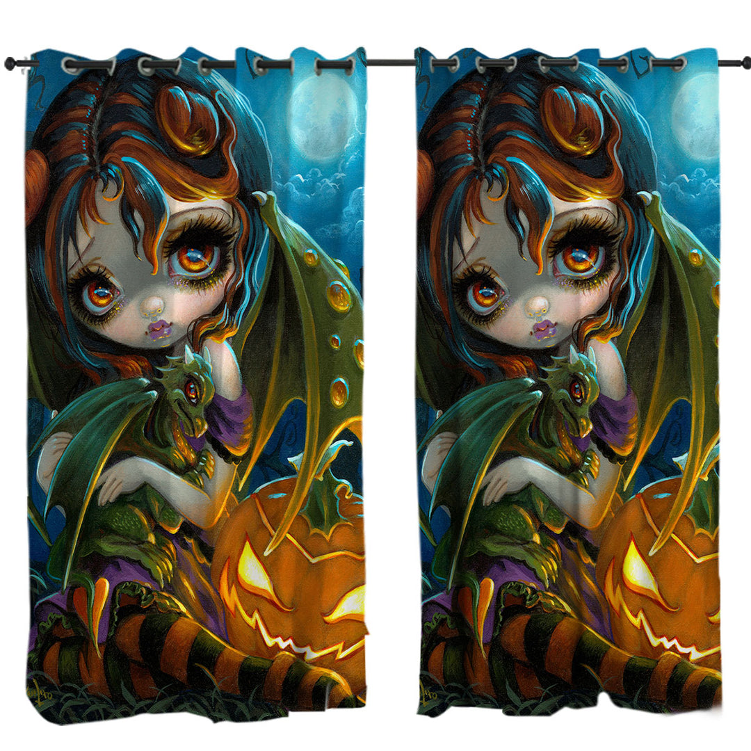 Halloween Dragonling Scary Pumpkin and Dragon Fairy Curtains for Bedroom