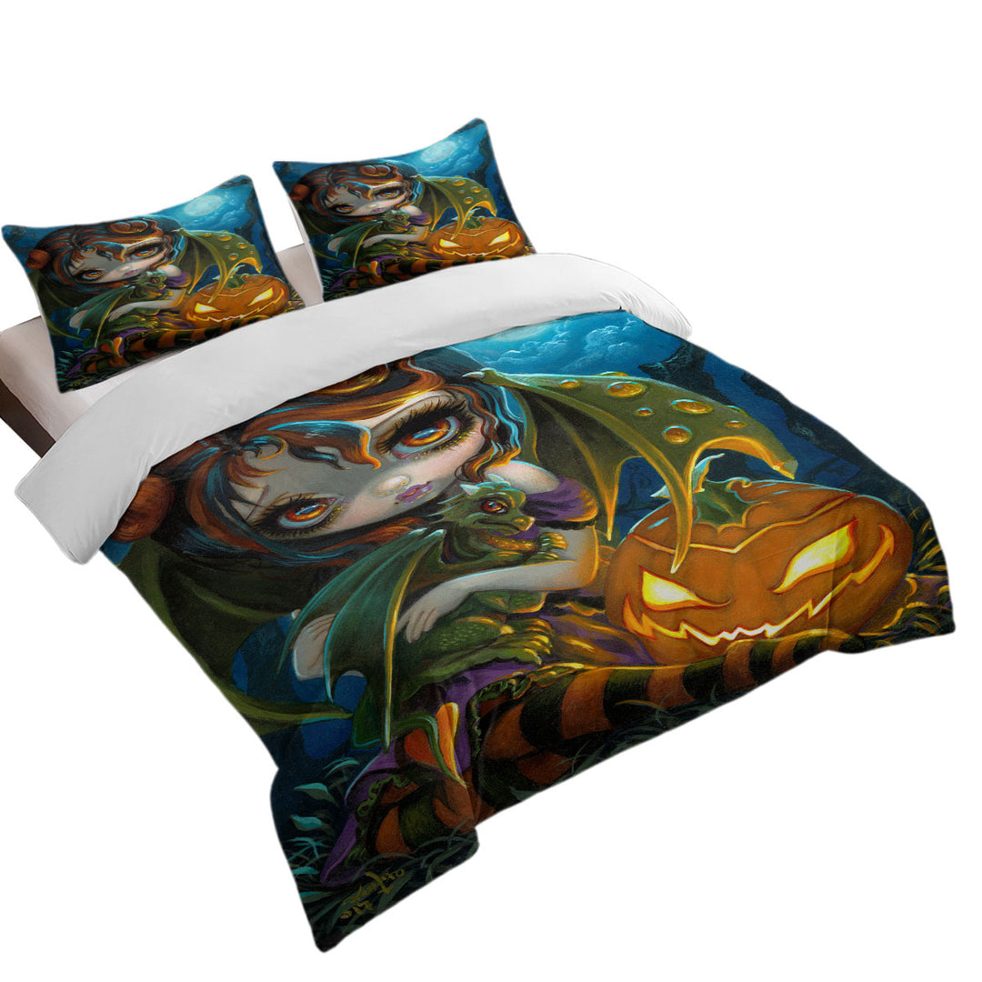 Halloween Dragonling Scary Pumpkin and Dragon Fairy Duvet Cover Queen