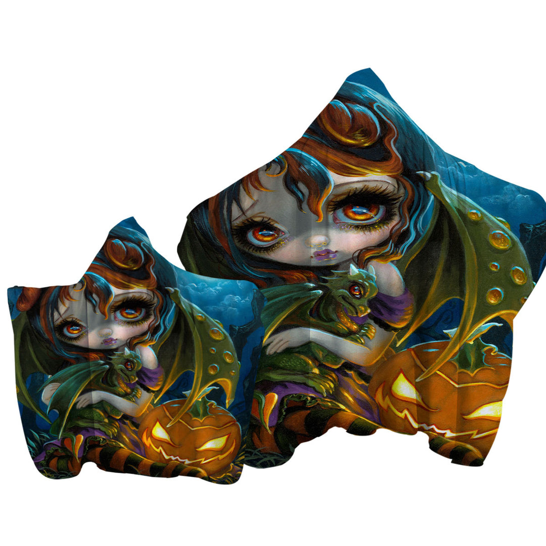 Halloween Dragonling Scary Pumpkin and Dragon Fairy Hooded Beach Towel