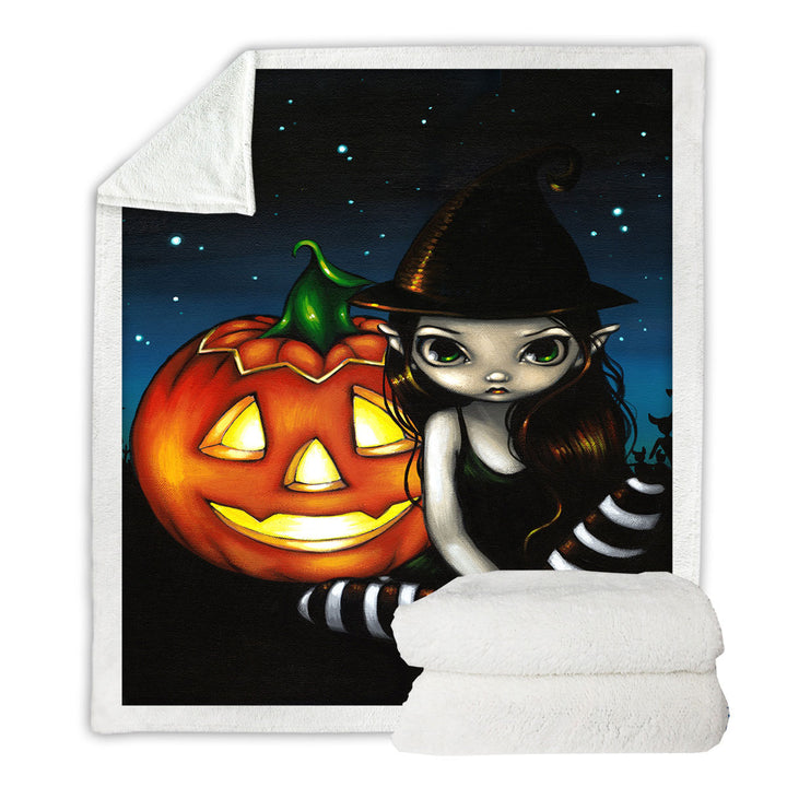 Halloween Fleece Blankets Night Big Eyed Witch and Pumpkin