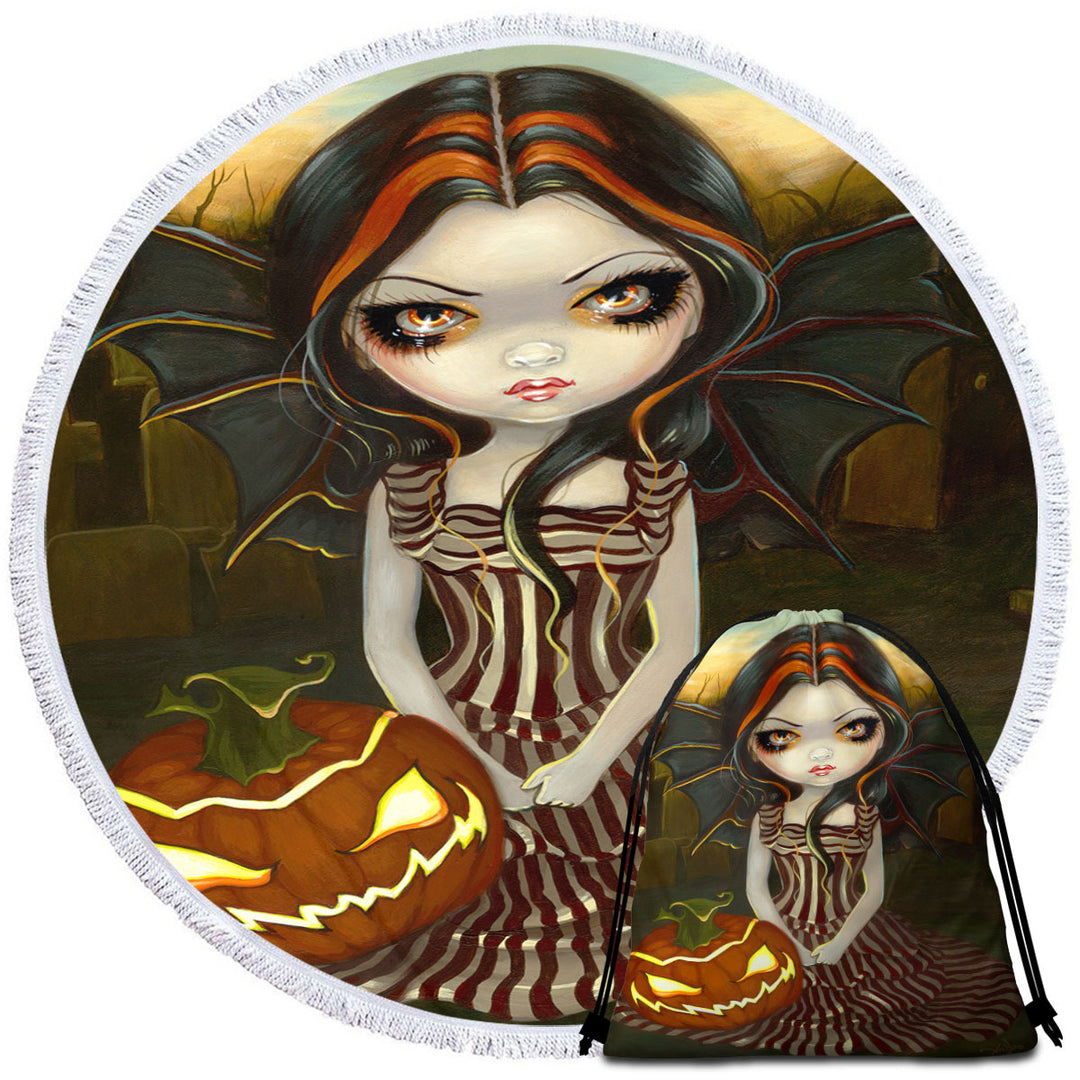 Halloween Girls Beach Towels Twilight Scary Pumpkin Winged Beauty Girl