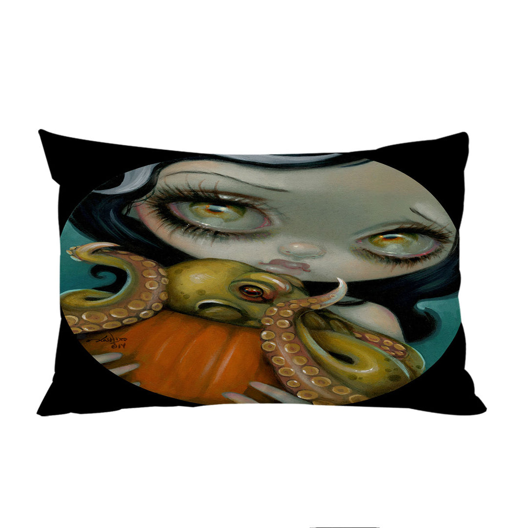 Halloween Gothic Girl Hold Pumpkin with Octopus Pillow Cases